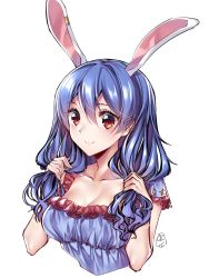 Rule 34 | 1girl, animal ears, blue hair, blush, breasts, cleavage, collarbone, commentary request, crescent print, cropped torso, dark jewel (gem oblivion), ear visible through hair, ears visible through hair, frills, hair between eyes, hands up, highres, holding, holding hair, looking at viewer, medium breasts, rabbit ears, red eyes, seiran (touhou), short sleeves, simple background, smile, solo, star (symbol), star print, touhou, upper body, white background