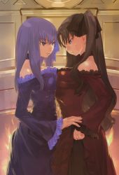 Rule 34 | 2girls, absurdres, asymmetrical docking, bare shoulders, breast envy, breast press, breasts, brown hair, choker, cleavage, dress, evening gown, fate/hollow ataraxia, fate/stay night, fate (series), formal, highres, large breasts, long hair, matou sakura, multiple girls, okazaki takeshi, purple hair, siblings, sisters, smile, strapless, strapless dress, tohsaka rin, twintails, two side up
