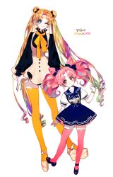 Rule 34 | 1girl, bishoujo senshi sailor moon, black footwear, blue dress, blush, chibi usa, crescent, crescent facial mark, double bun, dress, duplicate, earrings, facial mark, forehead mark, full body, hair bun, height difference, highres, jewelry, long hair, long sleeves, looking at viewer, one eye closed, pigeon666, pink hair, pink thighhighs, pixel-perfect duplicate, platform footwear, puffy short sleeves, puffy sleeves, ribbon, short sleeves, smile, standing, thighhighs, tsukino usagi, twintails, yellow ribbon, yellow thighhighs
