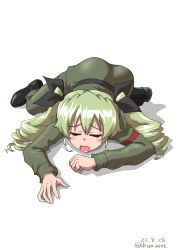 Rule 34 | 1girl, absurdres, anchovy (girls und panzer), anzio military uniform, black footwear, black ribbon, boots, dated, drill hair, drops mint, closed eyes, girls und panzer, green hair, green jacket, green pants, hair ribbon, highres, jacket, knee boots, long hair, lying, on stomach, pants, ribbon, simple background, solo, twin drills, twintails, twitter username, white background