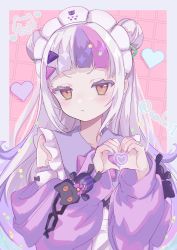 Rule 34 | 1girl, :d, aaln 1, dress, heart, heart hands, highres, hololive, looking at viewer, murasaki shion, murasaki shion (magical girl maid), open mouth, purple dress, smile, solo, virtual youtuber, white headwear