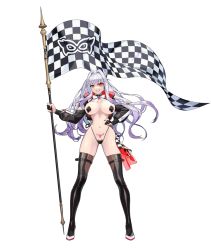 Rule 34 | 1girl, breasts, checkered flag, flag, gradient hair, guardian tales, highleg, highleg panties, large breasts, multicolored hair, navel, panties, pasties, pubic tattoo, red eyes, simple background, smile, tagme, tattoo, third-party edit, trickster lucy, underwear, white background, white hair