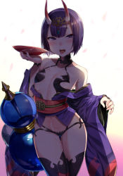 Rule 34 | 1girl, alcohol, bad id, bad pixiv id, blush, cherry blossoms, cup, dripping, fangs, fate/grand order, fate (series), gourd, horns, japanese clothes, kimono, looking at viewer, off shoulder, omochi no kimochi, oni, open mouth, purple eyes, purple hair, sakazuki, sake, sexually suggestive, shadow, short hair, shuten douji (fate), skin-covered horns, solo, thighhighs, tongue, tongue out