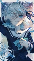 Rule 34 | 1girl, absurdres, arm up, black dress, blue eyes, character request, covering one eye, crying, crying with eyes open, dress, grey hair, highres, kayon (touzoku), long sleeves, looking at viewer, ripples, sailor collar, short hair, solo, tears, tuyu (band), white sailor collar