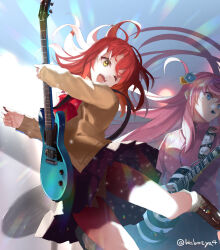 Rule 34 | 2girls, black skirt, blue eyes, bocchi the rock!, bow, bowtie, breasts, brown footwear, cardigan, closed mouth, cube hair ornament, gotoh hitori, guitar, hair ornament, highres, holding, holding plectrum, instrument, jacket, jumping, kabocha (monkey4), kita ikuyo, loafers, long hair, long sleeves, multiple girls, music, one eye closed, one side up, open mouth, pink hair, playing instrument, plectrum, plectrum in mouth, red hair, shoes, sidelocks, skirt, small breasts, smile, socks, track jacket, twitter username, white socks, yellow eyes