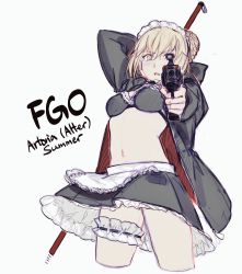 Rule 34 | 1girl, aiming, aiming at viewer, artoria pendragon (alter swimsuit rider) (fate), artoria pendragon (alter swimsuit rider) (second ascension) (fate), artoria pendragon (fate), bad id, bad pixiv id, bikini, black bikini, black jacket, blonde hair, bridal garter, csyday, fate/grand order, fate (series), highres, jacket, maid headdress, solo, swimsuit, yellow eyes