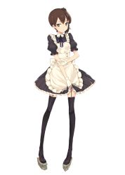 Rule 34 | 10s, 1girl, absurdres, alternate costume, apron, asymmetrical hair, blush, brown hair, frills, full body, garter straps, gloves, highres, kaga (kancolle), kantai collection, koto (kotocotton), looking at viewer, maid, maid apron, short hair, side ponytail, solo, thighhighs, white background