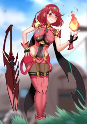 Rule 34 | absurdres, aegis sword (xenoblade), black gloves, bob cut, breasts, chest jewel, commission, earrings, fingerless gloves, gloves, hand on own hip, highres, ii tea, jewelry, large breasts, leggings under shorts, nintendo, pantyhose, pixiv commission, pyra (xenoblade), red eyes, red hair, red shorts, red thighhighs, short hair, short shorts, shorts, solo, super smash bros., swept bangs, sword, thighhighs, tiara, weapon, xenoblade chronicles (series), xenoblade chronicles 2