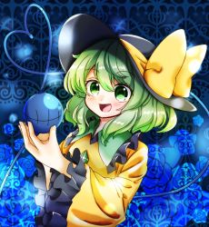 Rule 34 | 1girl, :d, bad id, bad pixiv id, blouse, blue background, blue flower, blue rose, blush, bow, eyeball, fingernails, flower, frilled shirt collar, frills, green eyes, green hair, hat, hat bow, heart, heart of string, komeiji koishi, long sleeves, looking at viewer, natsune ilasuto, open mouth, rose, shirt, short hair, smile, solo, stitches, third eye, thorns, touhou, wide sleeves