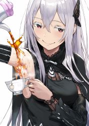 Rule 34 | 1girl, armpits, bare shoulders, black capelet, black dress, blush, breasts, butterfly hair ornament, capelet, closed mouth, colored eyelashes, cup, dress, echidna (re:zero), hair between eyes, hair ornament, hews, highres, large breasts, long hair, looking at viewer, pouring, pouring onto self, presenting armpit, re:zero kara hajimeru isekai seikatsu, red eyes, silver hair, simple background, smile, solo, striped, tea, teacup, teapot, vertical stripes