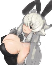 Rule 34 | 1girl, animal ears, bare shoulders, black horns, blush, bow, bowtie, breasts, cleavage, detached collar, extra ears, fake animal ears, furrowed brow, gloves, grey hair, grey horns, hair over one eye, hair ribbon, hand up, highres, horns, huge breasts, kemono friends, leotard, long hair, multicolored horns, open mouth, ox ears, ox horns, playboy bunny, rabbit ears, ribbon, shibori kasu, sidelocks, simple background, sketch, smile, solo, strapless, strapless leotard, upper body, very long hair, white background, wing collar, wrist cuffs, yak (kemono friends)