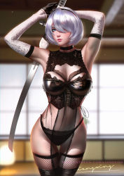 Rule 34 | 1girl, armpits, arms up, backlighting, black hairband, black panties, black thighhighs, blurry, blurry background, breasts, cleavage, cleavage cutout, clothing cutout, commentary, cowboy shot, depth of field, elbow gloves, english commentary, fishnet thighhighs, fishnets, gloves, hair over one eye, hairband, highres, holding, holding sword, holding weapon, indoors, large breasts, liang xing, navel, nier (series), nier:automata, panties, pink lips, see-through, short hair, silver hair, solo, sword, thigh gap, thighhighs, underwear, underwear only, weapon, white gloves, 2b (nier:automata)