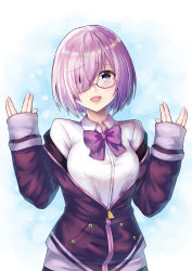 Rule 34 | 10s, 1girl, alternate costume, blush, bow, bowtie, breasts, collared shirt, cosplay, fate/grand order, fate (series), glasses, gridman universe, hair over one eye, hand up, jacket, kelinch1, large breasts, light purple hair, long sleeves, look-alike, looking at viewer, mash kyrielight, necktie, off shoulder, open clothes, open jacket, open mouth, partially unzipped, purple eyes, purple jacket, purple neckwear, shinjou akane, shinjou akane (cosplay), shirt, short hair, simple background, sleeves past wrists, ssss.gridman, swept bangs, uniform, upper body, white background, white shirt, zipper pull tab