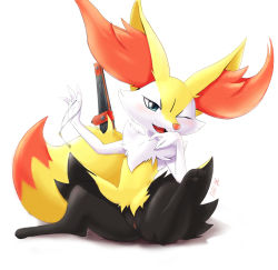 Rule 34 | 1girl, alternate eye color, animal ear fluff, animal ears, animal hands, animal nose, arm up, artist name, black fur, blue eyes, blush, body fur, braixen, chain, cleft of venus, creatures (company), dated, eryz, fangs, female focus, flat chest, folding fan, fox ears, fox girl, fox tail, full body, furry, furry female, game freak, gen 6 pokemon, hand fan, hand up, happy, head rest, head tilt, highres, holding, holding key, key, looking at viewer, nintendo, one eye closed, open mouth, pawpads, pokemon, pokemon (creature), pussy, signature, simple background, sitting, smile, snout, solo, spread legs, tail, uncensored, white background, white fur, wink, yellow fur