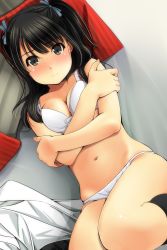 Rule 34 | 1girl, absurdres, bare arms, bare shoulders, black eyes, black hair, black socks, blue ribbon, blush, bow, bow bra, bra, breasts, cleavage, closed mouth, collarbone, commentary request, crossed arms, dutch angle, fingernails, hair between eyes, hair ribbon, highres, kneehighs, long hair, looking at viewer, lying, matsunaga kouyou, medium breasts, navel, nose blush, on side, original, panties, pillow, ribbon, socks, solo, thighs, two side up, underwear, underwear only, white bra, white panties