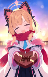 Rule 34 | 1girl, animal ear headphones, animal ears, black skirt, blonde hair, blue archive, blue necktie, blush, bow, box, closed eyes, facing viewer, fake animal ears, gift, gift box, hair bow, headphones, heart-shaped box, highres, holding, holding gift, jacket, long sleeves, momoi (blue archive), necktie, open clothes, open jacket, open mouth, pleated skirt, red bow, red scarf, scarf, shirt, short hair, skirt, smile, solo, white jacket, white shirt, zcx