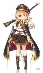 Rule 34 | 1girl, :d, absurdres, alternate costume, belt, belt buckle, black belt, black cape, black hat, blonde hair, blush, boots, bow, brown footwear, brown skirt, buckle, cape, cherry blossom print, commentary request, coreytaiyo, cross, dress shirt, epaulettes, eyepatch, fang, flandre scarlet, floral print, full body, gun, hair between eyes, hair bow, hat, highres, holding, holding gun, holding weapon, iron cross, long hair, long sleeves, military hat, multicolored cape, multicolored clothes, one side up, open mouth, over shoulder, peaked cap, pleated skirt, print skirt, red bow, red cape, red eyes, reflection, shirt, signature, skirt, smile, solo, sparkle, standing, touhou, v-shaped eyebrows, weapon, weapon over shoulder, weapon request, white background, white shirt