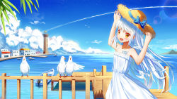Rule 34 | 1girl, alternate costume, bird, blue bow, blue ribbon, blush, bow, contrail, day, hat, hat bow, hat ribbon, highres, ji dao ji, long hair, looking at viewer, open mouth, outdoors, ribbon, seagull, silver hair, smile, solo, sun hat, yellow eyes