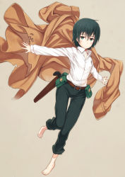 Rule 34 | 00s, 1girl, barefoot, belt, black hair, blush, blush stickers, coat, dress shirt, expressionless, feet, gabiran, green eyes, gun, holster, jacket, kino (kino no tabi), kino no tabi, long sleeves, md5 mismatch, outstretched arms, pants, pouch, resolution mismatch, reverse trap, shirt, short hair, simple background, solo, source smaller, spread arms, thigh gap, torn clothes, weapon