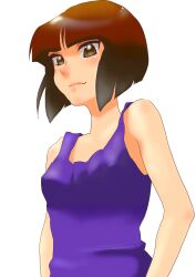 Rule 34 | 1girl, absurdres, arms at sides, bad id, bad pixiv id, bare shoulders, blunt bangs, blunt ends, bob cut, breasts, brown eyes, brown hair, closed mouth, commentary, highres, inverted bob, medium breasts, purple tank top, ranma 1/2, solo, tank top, tendou nabiki, transparent background, upper body, yokoyama yoko