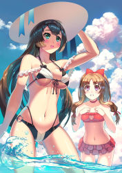 Rule 34 | 2girls, :d, bad id, bad pixiv id, bikini, bikini skirt, black hair, blue eyes, brown hair, clenched teeth, frilled bikini, frilled skirt, frills, front-tie top, hand on headwear, hands on own chest, hat, long hair, multiple girls, navel, o-ring, o-ring bottom, o-ring top, open mouth, original, partially underwater shot, red eyes, skirt, smile, sun hat, swimsuit, teeth, wading, yoshimoto (dear life)