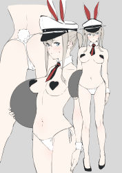 Rule 34 | 1girl, absurdres, animal ears, aqua eyes, areola slip, black footwear, blush, breasts, closed mouth, detached collar, eight tohyama, fake animal ears, full body, graf zeppelin (kancolle), grey background, grey hair, hair between eyes, hat, heart pasties, high heels, highres, holding, holding tray, kantai collection, large breasts, long hair, multiple views, panties, pasties, peaked cap, rabbit ears, rabbit tail, side-tie panties, simple background, sketch, standing, sweat, tail, tray, twintails, underwear, white panties, wrist cuffs