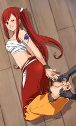 Rule 34 | 1girl, angry, bare arms, bare shoulders, barefoot, bdsm, blush, body blush, bondage, bound, breasts, curvy, erza scarlet, fairy tail, feet, feet together, female focus, full body, highres, hogtie, lost one zero, midriff, nail polish, ponytail, red hair, sarashi, solo, tattoo, teeth, tickling, toenail polish, toenails, toes