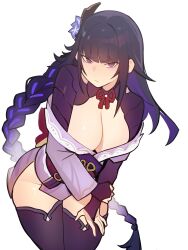 Rule 34 | 1girl, absurdres, black hair, braid, breasts, bridal gauntlets, cleavage, closed mouth, cowboy shot, distr, genshin impact, hair ornament, highres, japanese clothes, kimono, large breasts, leaning forward, long hair, long sleeves, looking at viewer, low-braided long hair, low-tied long hair, mole, mole under eye, off shoulder, purple eyes, purple hair, purple kimono, purple thighhighs, raiden shogun, simple background, solo, thighhighs, very long hair, white background