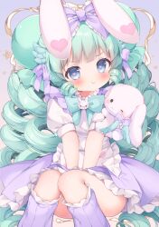 Rule 34 | 1girl, :i, animal, animal ears, apron, between legs, blue bow, blue eyes, blush, bow, closed mouth, commentary, drill hair, feet out of frame, frilled apron, frilled bow, frilled skirt, frilled socks, frills, green hair, hair bow, hand between legs, heart, heart-shaped pupils, highres, kneehighs, long hair, loose socks, miruku (cutesuu), original, piyodera mucha, pout, puffy short sleeves, puffy sleeves, purple bow, purple skirt, purple socks, rabbit, rabbit ears, ribbed legwear, shirt, short sleeves, skirt, socks, solo, suspender skirt, suspenders, symbol-only commentary, symbol-shaped pupils, v-shaped eyebrows, very long hair, waist apron, white apron, white shirt