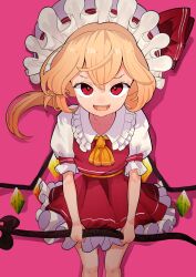 Rule 34 | 1girl, blonde hair, dress, flandre scarlet, frilled dress, frills, hat, highres, looking at viewer, mob cap, pink background, rainbow wings, red dress, red eyes, shirt, smile, solo, suarokin, touhou, white hat, white shirt