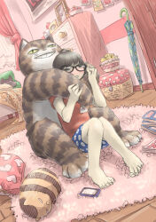 Rule 34 | 1girl, 1other, animal, animal print, barefoot, bed, bedroom, black hair, blue shorts, blush, cat, cat print, cellphone, chest of drawers, chiyo maru, closed umbrella, commentary request, dutch angle, full body, fur rug, furry, glasses, grin, hands on another&#039;s arms, hug, hug from behind, indoors, knees together feet apart, knees up, nose blush, on floor, original, oversized animal, parted lips, phone, print shorts, red shirt, shirt, short sleeves, shorts, sitting, smartphone, smile, squeezing, stuffed animal, stuffed cat, stuffed toy, t-shirt, tabby cat, umbrella