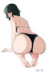 Rule 34 | 1girl, absurdres, ass, barefoot, blush, feet, fubuki (one-punch man), green eyes, green hair, highres, looking at viewer, looking back, medium hair, one-punch man, open mouth, soles, toes, west rainy