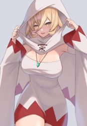 Rule 34 | 1girl, :d, absurdres, blonde hair, breasts, cape, cleavage, cosplay, cowboy shot, detached sleeves, dress, fang, final fantasy, final fantasy fables, hair between eyes, highres, hood, hooded cape, jewelry, large breasts, long sleeves, looking at viewer, necklace, nijisanji, nui sociere, open mouth, sanukiske, short hair, smile, solo, strapless, strapless dress, virtual youtuber, white cape, white dress, white mage (final fantasy), white mage (final fantasy) (cosplay), wide sleeves, yellow eyes