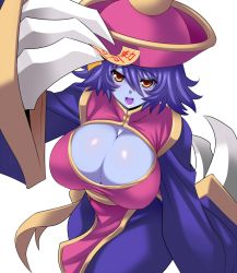 Rule 34 | 1girl, adjusting clothes, adjusting headwear, blue hair, blue skin, blush stickers, breasts, brown eyes, chinese clothes, claws, cleavage, cleavage cutout, clothing cutout, colored skin, flipped hair, hat, huge breasts, jiangshi, konno tohiro, lei lei, looking at viewer, ofuda, open mouth, qingdai guanmao, short hair, simple background, smile, solo, vampire (game)