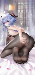 Rule 34 | 1girl, ahoge, ass, back, backless outfit, bed, black pantyhose, blue hair, bodystocking, bodysuit, breasts, crotch seam, curtains, feet, from behind, ganyu (genshin impact), genshin impact, highres, horns, kamue, kneeling, legs, long hair, looking at viewer, looking back, medium breasts, no shoes, panties, panties under pantyhose, pantyhose, purple eyes, sidelocks, soles, solo, toes, underwear, variant set, white panties