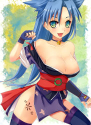 Rule 34 | 1girl, abstract background, bare shoulders, bell, blue hair, blush, breasts, cleavage, collar, female focus, fingerless gloves, gloves, green eyes, japanese clothes, kimono, large breasts, long hair, looking at viewer, open mouth, pichagorou, rance (series), sengoku rance, smile, solo, suzume (rance), thighhighs