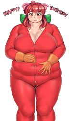 Rule 34 | 1girl, ahoge, animal ears, belly, blush, breasts, brown eyes, buttons, cleavage, collarbone, commentary request, facing viewer, fat, feet out of frame, gloves, hair between eyes, hand on own stomach, highres, huge breasts, inamori futayo, jumpsuit, long sleeves, medium hair, open mouth, original, orizen, plump, red hair, red jumpsuit, simple background, solo, straight-on, tareme, thick arms, thick thighs, thighs, white background