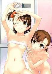 Rule 34 | 2girls, absurdres, armpits, arms up, blush, breasts, brown eyes, brown hair, bust measuring, camera phone, cellphone, flat chest, flipped hair, futami ami, futami mami, grin, hair bobbles, hair ornament, highres, idolmaster, idolmaster (classic), measuring, multiple girls, navel, nude, one eye closed, out-of-frame censoring, phone, short hair, siblings, side ponytail, sisters, small breasts, smile, tanaka shoutarou, tape measure, twins, upper body, v, wink