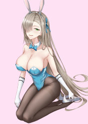 Rule 34 | 1girl, animal ears, asuna (blue archive), asuna (bunny) (blue archive), bare shoulders, black pantyhose, blonde hair, blue archive, blue bow, blue bowtie, bow, bowtie, breasts, cleavage, collarbone, elbow gloves, fake animal ears, full body, gloves, green eyes, hair between eyes, hair over one eye, hair ribbon, high heels, highres, large breasts, leotard, light blue leotard, long hair, looking at viewer, mole, mole on breast, naga (pixiv70891418), open mouth, pantyhose, pink background, playboy bunny, rabbit ears, ribbon, seiza, sitting, smile, solo, white footwear, white gloves