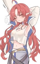 Rule 34 | 1girl, :3, absurdres, ahoge, arknights, arm behind head, arm up, armpits, breasts, cleavage, closed eyes, commentary, cowboy shot, crop top, crop top overhang, highres, long hair, medium breasts, myrtle (arknights), navel, outstretched arm, pointy ears, red hair, shino duka, simple background, solo, stomach, stretching, tank top, white background, white tank top