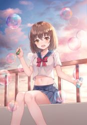 Rule 34 | 1girl, absurdres, blue sailor collar, blue skirt, blush, bottle, bow, bowtie, brown eyes, brown hair, bubble, bubble pipe, commentary, crop top, feet out of frame, hair between eyes, highres, holding, holding bottle, huge filesize, looking at viewer, medium hair, midriff, miniskirt, navel, open mouth, original, pleated skirt, red bow, red bowtie, sailor collar, school uniform, serafuku, shirt, short sleeves, shuvi (shuvi1125), sitting, skirt, sky, solo, stomach, teeth, upper teeth only, white shirt