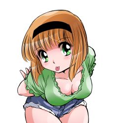 Rule 34 | 1990s (style), 1girl, :p, arms behind back, bent over, blush, breasts, cleavage, cutoffs, downblouse, green eyes, hairband, highres, hosokawa miki, jigoku sensei nube, large breasts, looking at viewer, orange hair, retro artstyle, shirai sanjirou, short hair, short shorts, shorts, simple background, solo, tongue, tongue out, white background