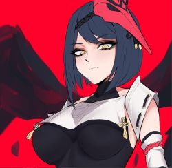Rule 34 | 1girl, bad id, bad twitter id, black hair, black wings, breasts, closed mouth, commentary, detached sleeves, english commentary, genshin impact, j.k. (style), kujou sara, large breasts, looking at viewer, mask, mask on head, orouu, red background, short hair, simple background, solo, tassel, tengu mask, wings, yellow eyes