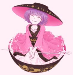 Rule 34 | 1girl, ^ ^, bob cut, bowl, bowl hat, closed eyes, gold trim, hat, in bowl, in container, japanese clothes, kimono, looking at viewer, mini person, minigirl, needle, own hands together, purple hair, sewing needle, short hair, sitting, smile, sukuna shinmyoumaru, touhou