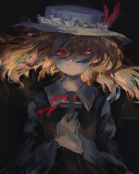 Rule 34 | 1girl, bad id, bad pixiv id, blonde hair, character request, collared shirt, cross, dolls in pseudo paradise, extra, feathers, floating hair, frilled hat, frills, glowing, glowing eye, hair between eyes, hat, hat feather, highres, holding, jacket girl (dipp), long hair, long sleeves, looking at viewer, nazoko, neck ribbon, red eyes, ribbon, shirt, smile, solo, touhou, upper body, white hat, wide sleeves, wing collar