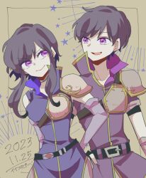 Rule 34 | 1boy, 1girl, armor, belt, black hair, breastplate, brother and sister, detached sleeves, fire emblem, fire emblem: genealogy of the holy war, larcei (fire emblem), nintendo, open mouth, purple eyes, purple tunic, scathach (fire emblem), short hair, shoulder armor, siblings, sidelocks, simple background, smile, tunic, twins, yzkmm