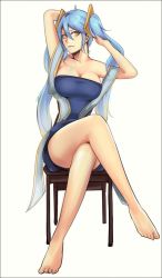Rule 34 | 1girl, adjusting hair, arms up, bare arms, bare legs, bare shoulders, barefoot, blue dress, blue hair, breasts, cal (pmgdd), chair, cleavage, crossed legs, dress, feet, female focus, full body, hair between eyes, hair ornament, large breasts, league of legends, legs, light blue hair, long hair, looking at viewer, neck, serious, short dress, simple background, sitting, solo, sona (league of legends), strapless, strapless dress, twintails, very long hair, white background, yellow eyes