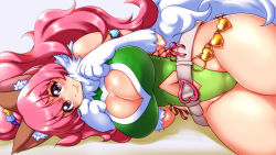 Rule 34 | 1girl, animal ears, animal hands, blush, breasts, cat ears, cat tail, cleavage, cleavage cutout, closed mouth, clothing cutout, gloves, highres, large breasts, leotard, long hair, looking at viewer, navel, open mouth, perisie (star ocean), pink hair, ponytail, red eyes, ryoi, simple background, smile, solo, star ocean, star ocean first departure, tail