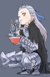 Rule 34 | 1girl, absurdres, aged down, armor, armored boots, black cloak, blue ribbon, boots, bowl, breastplate, chopsticks, cloak, closed mouth, commentary request, copyright request, dorohedoro, eating, food, forehead, full body, gauntlets, greaves, grey background, grey hair, hair ribbon, highres, holding, holding bowl, holding chopsticks, long hair, looking at viewer, noi (dorohedoro), noodles, red eyes, ribbon, shadow, simple background, solo, spikes, squatting, steam, torn cloak, torn clothes, very long hair, yamamoto souichirou