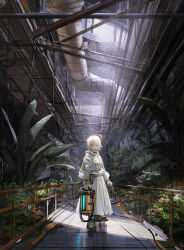 Rule 34 | 1girl, ahoge, full body, haruaki (onkai planaria), holding, indoors, industrial pipe, insecticide, original, plant, railing, robe, scenery, short hair, solo, standing, white hair, white robe